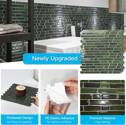 Art3d Linear Design Tile Peel and Stick Backsplash, 10-Sheet, Dark Green | 12 x 12 Inch, Enhanced Thickness, Warp Resistant, Strong Adhesion, Sturdy, for Kitchen, Bedroom, Ideal for Home Improvement