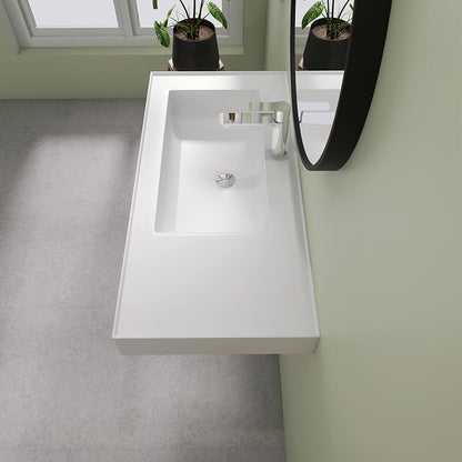 SJ Star&Jane 42" x 18" in Solid Surface Bathroom Sink, Wall-Mount Vessel Sink, Rectangle Floating Vanity Sink in Matte White, Durable Modern Design