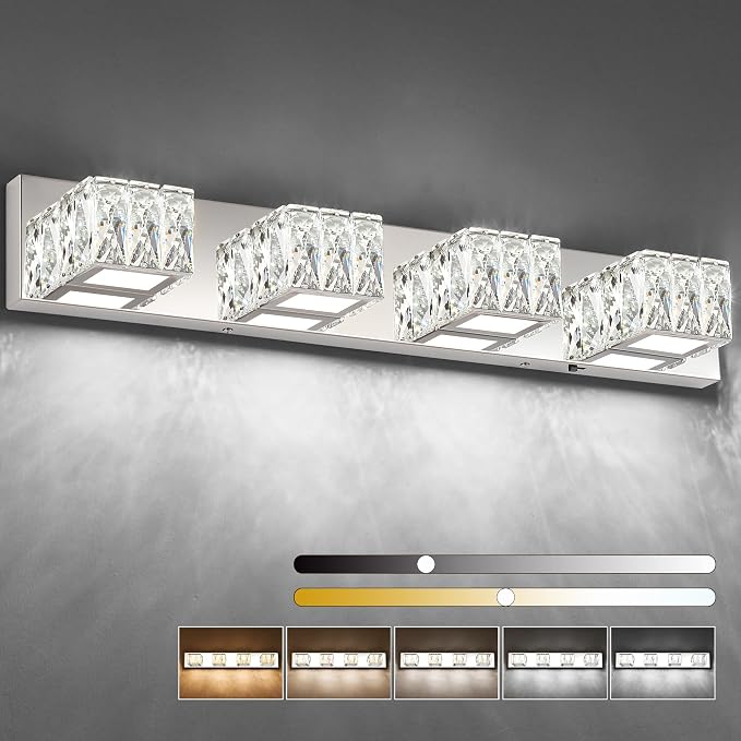 Modern Bathroom Light Fixtures - Crystal 4 Light Bathroom Vanity Light 5CCT Dimmable - LED Chrome Vanity Lighting Fixture