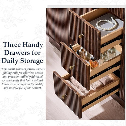 T4TREAM 60 Inch Bathroom Vanity with Sink, Modern Fluted Large Double Sink Bathroom Vanity with 2 Storage Cabinets, Adjustable Shelf, and 3 Small Drawers, Dark Walnut