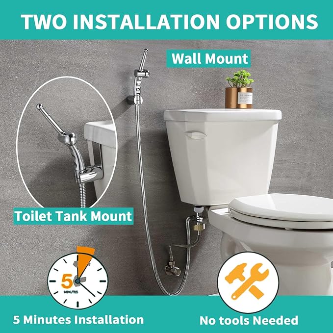 BARROCK Handheld Bidet Sprayer Combo Set for Toilet, Portable Bathroom Bidet Seat Attachment, 2 Way Installation Hang or Wall-Mount Shattaf Kit for Women with Brass T-Valve Explosion-Proof Hose Chrome