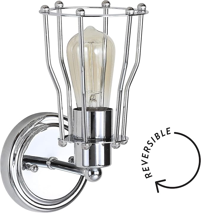 JONATHAN Y 5.13" Chrome Modern Industrial Metal Vanity Light, Bathroom Sconce for Mirror, Reversible 1-Light Wall Lamp with Metal Cage Shade for Hallway, LED Bulb Included JYL7415A