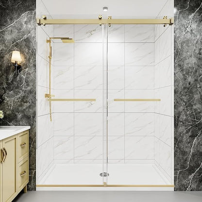 55-60" W x 72" H Frameless Double Sliding Shower Door for Walk-in Shower,5/16" (8mm) SGCC Certified Clear Tempered Safety Glass,Easy-Clean Coating,Quiet Heavy-Duty Roller System, Brushed Gold