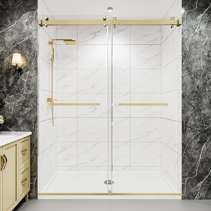 49-54" W x 76" H Frameless Double Sliding Shower Door for Walk-in Shower,5/16" (8mm) SGCC Certified Clear Tempered Safety Glass,Easy-Clean Coating,Quiet Heavy-Duty Roller System, Brushed Gold