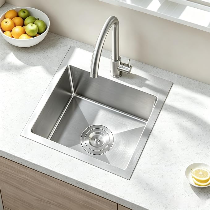 Comllen 18x18 Inch Drop in Bar Sink,Top Mount Handmade 16 Gauge Stainless Steel Small Kitchen Sink,9 Inch Deep Single Bowl Workstation Wet Bar Sink with Stainless Steel Grid & Strainer
