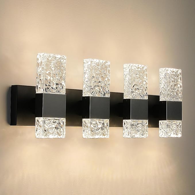 Black Bathroom Vanity Light Fixtures Bathroom Light Fixtures Over Mirror 4-Light 4000K LED Crystal Wall Sconces Modern 40W Brushed Hardwired Wall Lights for Bathroom Bedroom Living Room