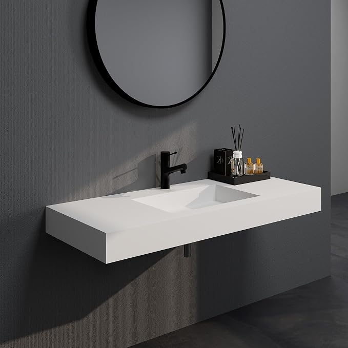 SJ Star&Jane 48" x 19" in Solid Surface Bathroom Sink, Wall-Mount or Countertop Vessel Sink, Rectangle Floating Vanity Sink, Pre-installed Faucet Holes, Durable Modern Design