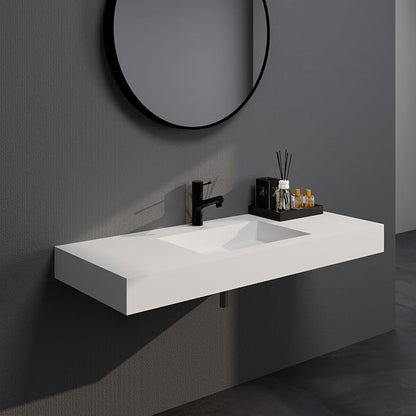 SJ Star&Jane 48" x 19" in Solid Surface Bathroom Sink, Wall-Mount or Countertop Vessel Sink, Rectangle Floating Vanity Sink, Pre-installed Faucet Holes, Durable Modern Design