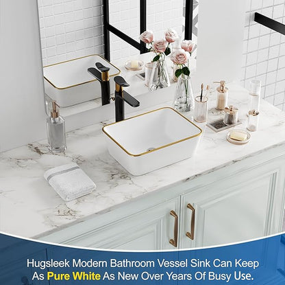Bathroom Vessel Sink Rectangle, Hugsleek 16 x 12 inch White Porcelain Ceramic Vessel Sink with Gold Rim Above Counter Rectangular Bath Sink Bowl Basin Lavatory Vanity Sinks Restroom Countertop