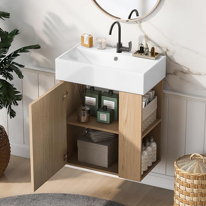 LUMISOL 21.6" Small Floating Bathroom Vanity with Sink, Wall Mounted Bathroom Vanity with One Door & Right Side Shelf, Solid Wood Narrow Bathroom Cabinet with Ceramic Sink, Natural