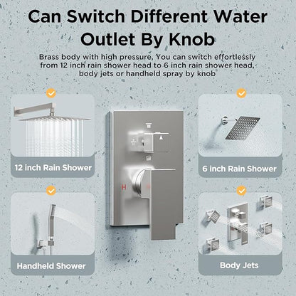 Shower Systems with 4 Body Spray Jets, STARBATH 4 Way 12+6" Rainfall Shower Head with Handheld Combo, Wall Mounted Shower Jets System in Wall Shower Faucet Sets Complete, Brushed Nickel
