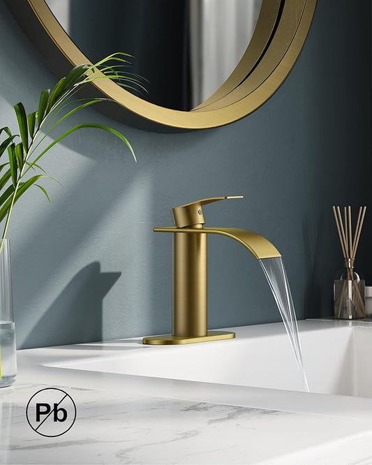 FORIOUS Brushed Gold Bathroom Faucet One Hole, Waterfall Single Handle Bathroom Faucet for 1 or 3 Hole Sink with Metal Pop up Drain, Deck Plate, cUPC Hoses for Vanity, Rv Sink