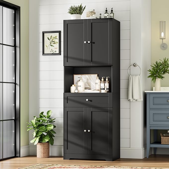 HIFIT Tall Bathroom Storage Cabinet with Drawer, Modern Linen Cabinet,Black | 67"H Tall Storage Cabinet with Doors & Shelves, Freestanding Kitchen Pantry for Bathroom, Dining Room, Laundry, Narrow Corner