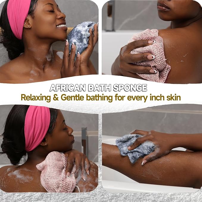 Authentic African Net Sponge,2 Pack 45-in Exfoliating Bath Sponge and Shower Loofah for Body and Back,Colorfast Quick-Dry Knotted Mesh Scrubber with Travel Pouch(Slate Blue&Bean Paste Pink)