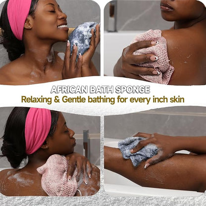 Authentic African Net Sponge,2 Pack 45-in Exfoliating Bath Sponge and Shower Loofah for Body and Back,Colorfast Quick-Dry Knotted Mesh Scrubber with Travel Pouch(Slate Blue&Bean Paste Pink)