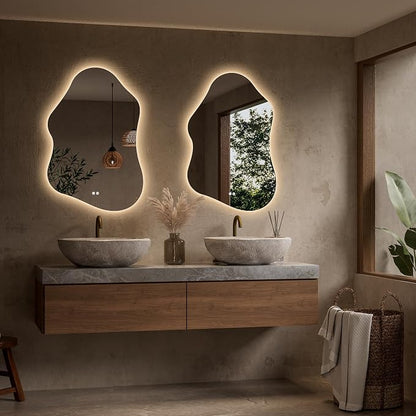 Keonjinn 24" x 36" Asymmetrical Backlit Bathroom Mirror, HD Tempered Glass | Irregular Cloud LED Bathroom Mirror, 3 Color Temperatures, Dimmable, Fast Defogging, Memory Function, Horizontal/Vertical