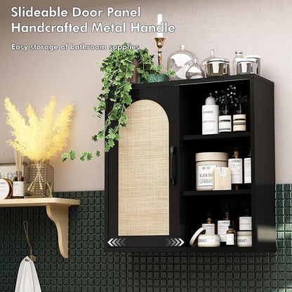RUSTOWN Boho Rattan Bathroom Wall Cabinet with Sliding Door, Black | Farmhouse Bathroom Cabinet, Adjustable Shelves, Over The Toilet Storage Cabinet, 3-Tier Wall Mounted Cabinets