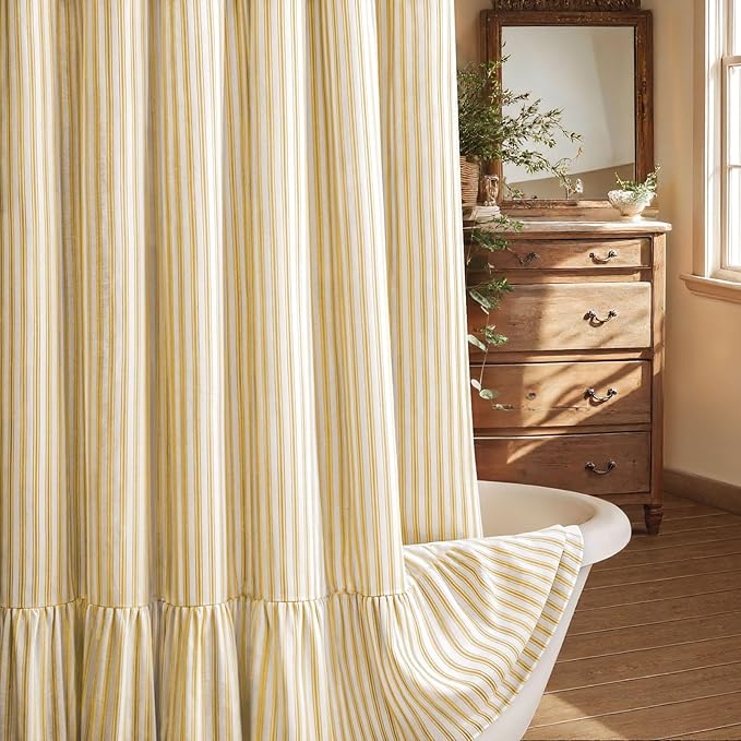 Farmhouse Shower Curtain Ruffle Linen Cream-Yellow Stripe 72"W x 84"L | Farmhouse Boho, Striped, Bottom Ruffle, Linen Fabric, Rustic, Country, Natural Look, Washable, for Bathroom Bathtub