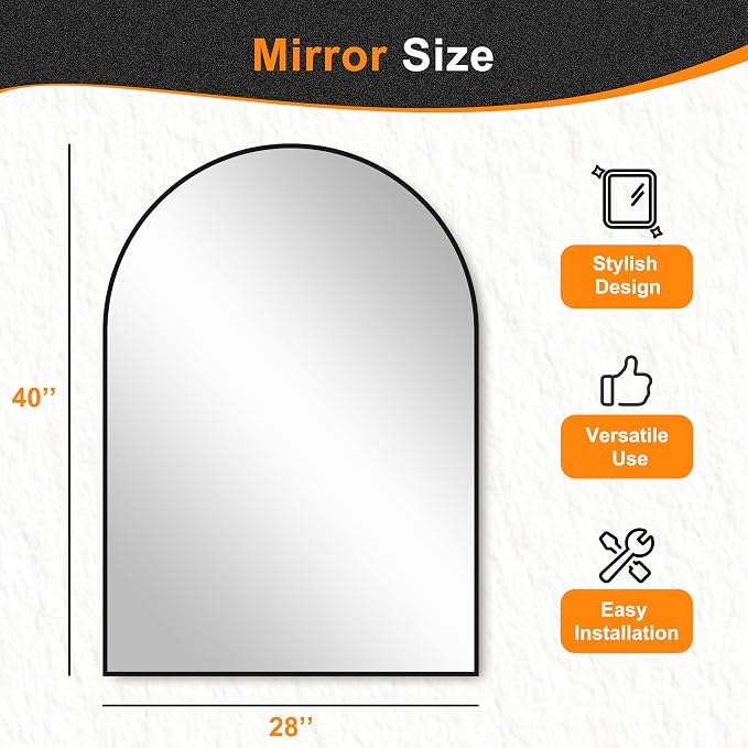 Arched Bathroom Mirror, 28"x40", Black | Wall Mounted, Vanity Mirror, For Bedroom, Living Room and Entryway