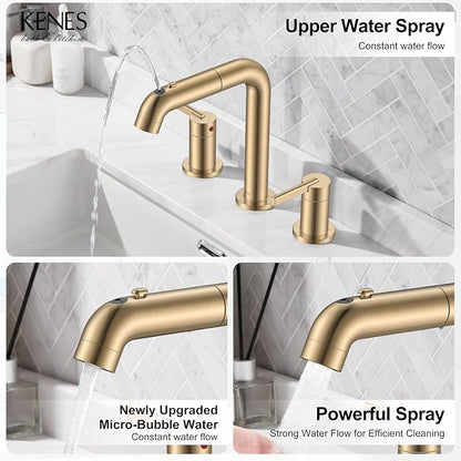 Champagne Bronze Pull Down Widespread Bathroom Faucet 3 Hole 2 Handle | Pull Out Bathroom Faucet with Pop Up Drain & Supply Lines, Lead-Free cUPC & NSF Certified, 8 Inch Faucet for Vanity RV Sink