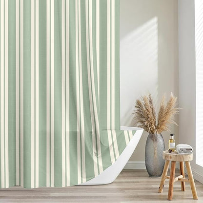 Tititex Cute Candy Cane Striped 140gsm Faux Linen Fabric Shower Curtain, Elegant Classic Sage Green Beige Shower Curtain Sets Decoration 72x78 Inch with Hooks