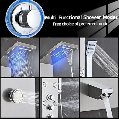 LED 5-in-1 Shower Panel Tower System,Brushed Grey | 304 Stainless Steel Shower Panel Tower Column with Powerful Body Jets, Rainfall, Waterfall,Handheld and Tub Spout