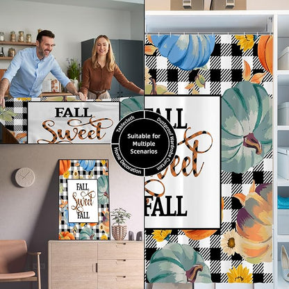 Fall Pumpkin Harvest Autumn Shower Curtain for Bathroom 72W*72H Inch Thanksgiving Rustic Black White Buffalo Plaid Maple Bathtub Autumnal Decor Waterproof Polyester Fabric Set with 12 Hooks