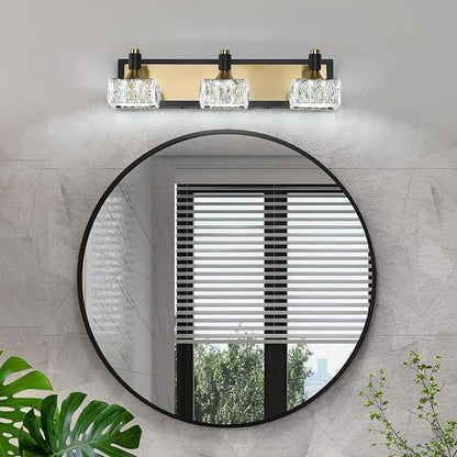3-Light Bathroom Light Fixtures Over Mirror, Dimmable LED Bathroom Vanity Light with Crystal Shade, Black and Gold Modern Wall Sconce Light, Bathroom Lighting Fixtures Over Mirror, Bath Lamp