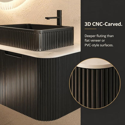 60 Inch Double Sink Bathroom Vanity, Floating Wall Mounted Cabinet, Black Curved Fluted Front, Stone Top, Dual Black Textured Rectangular Vessel Basins, Pre-Assembled