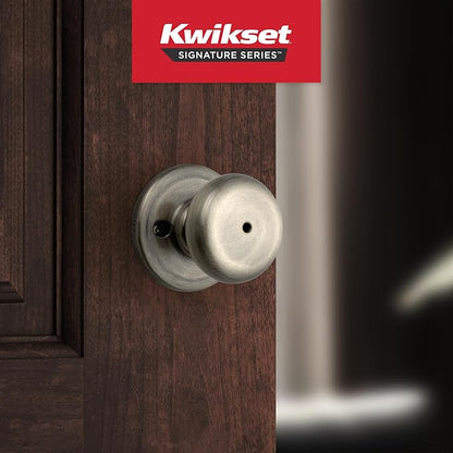 Kwikset Juno Interior Privacy Door Knob with Lock, Door Handle for Bathroom and Bedroom, Antique Brass Keyless Turn Lock Doorknob, with Microban Protection (Pack of 8)