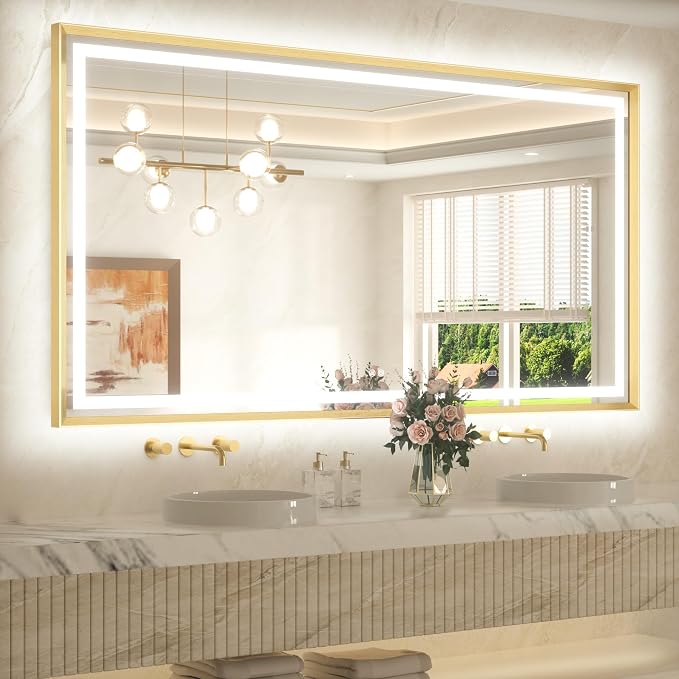 72 x 40 Bathroom LED Mirror Brushed Gold Metal Frame Frontlit & Backlit Vanity Mirror Anti-Fog Stepless Dimmable 3 Colors White/Warm/Natural Wall-Mounted