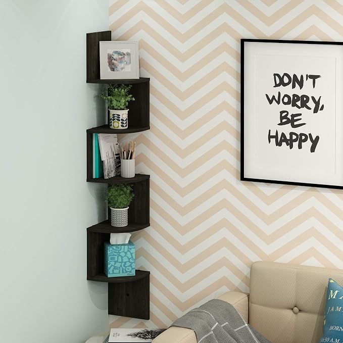 Furinno ROSSI Floating Book Shelves for Wall, 5-Tier Zigzag Corner Shelf Wall Mounted, Radial Corner Floating Shelf, for Living Room, Bedroom, Bathroom, Home Office, Espresso