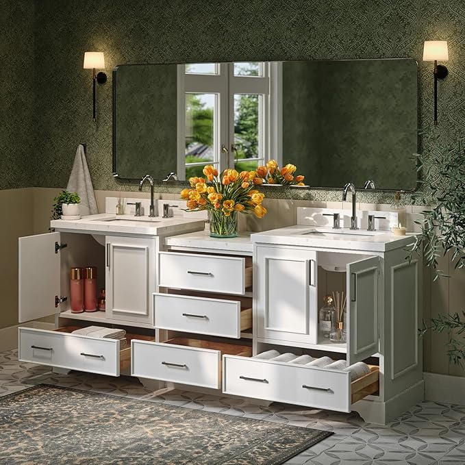 ARIEL Stafford 84-inch Bathroom Vanity with Sink,Solid Wood, 1.5in Carrara White Quartz Countertop & Backsplash, Double Rectangular Porcelain Sink, 4 Soft Closing Doors, 5 Dovetail Drawers, White