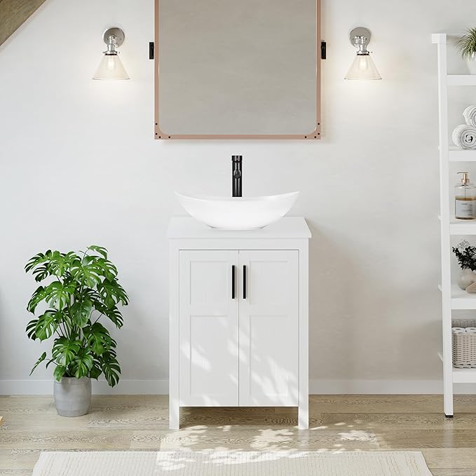 UEV White 24" Bathroom Vanity with Sink Combo,Modern Vanity with Vessel Sink,Stylish Bathroom Vanity Cabinet,Grooved Doors & Metal Handles,Modern White Boat Vessel Sink(T44)