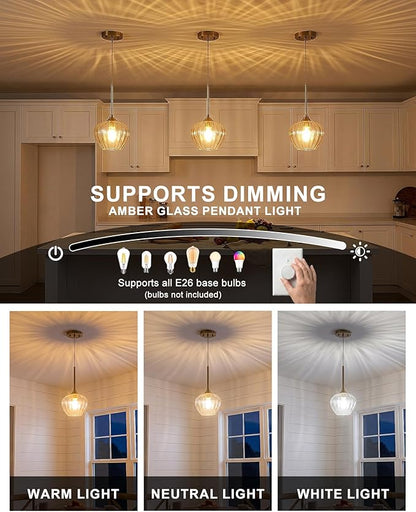 2-Pack Glass Pendant Lights Kitchen Island, 7.7" Modern Gold Pendant Lighting Adjustable Hanging Light Fixtures for Kitchen, Dining Room, Bathroom, Bedroom