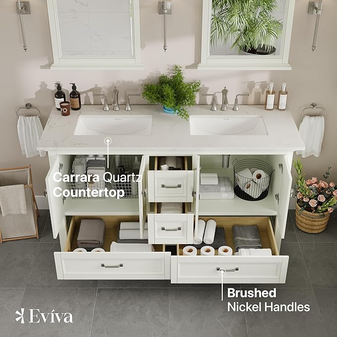 Eviva Britney 60 in. White Double Sink Bath Vanity with Carrara Quartz Top and Undermount Porcelain Sinks
