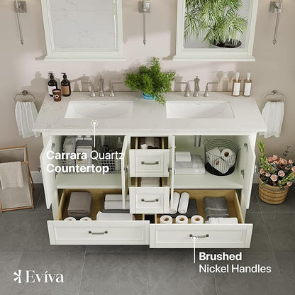 Eviva Britney 60 in. White Double Sink Bath Vanity with Carrara Quartz Top and Undermount Porcelain Sinks