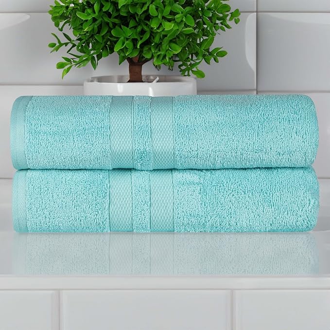 Superior Ultra-Soft Cotton Bath Towel Set, Quick-Dry, Absorbent, Shower, Spa Basics, Large Towels, Bathroom Sets, Bath Essentials, Solid, Double Line Dobby Border, 2 Pack, Set of 2, Cyan Blue