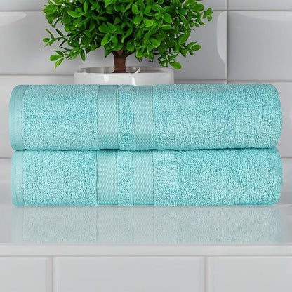Superior Ultra-Soft Cotton Bath Towel Set, Quick-Dry, Absorbent, Shower, Spa Basics, Large Towels, Bathroom Sets, Bath Essentials, Solid, Double Line Dobby Border, 2 Pack, Set of 2, Cyan Blue