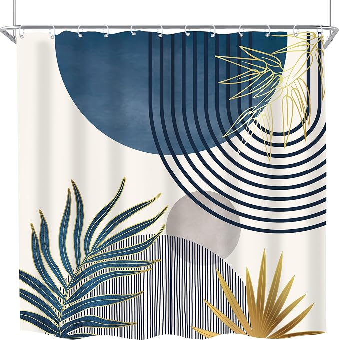 Mid Century Boho Abstract Modern Sun Minimalist Bathroom Shower Curtain Set | 72Wx72L Arch Curve design, waterproof HD print with fast-drying fabric and 12 hooks.