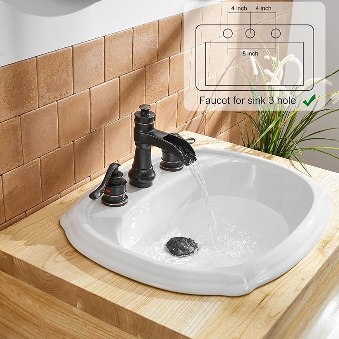 8 Inch 3 Hole Widespread Bathroom Sink Faucet Two Handle | Oil Rubbed Bronze,Waterfall Spout,with Pop Up Drain Stopper Assembly and Supply Lines,Farmhouse Vanity Mixer Tap,Lead-Free