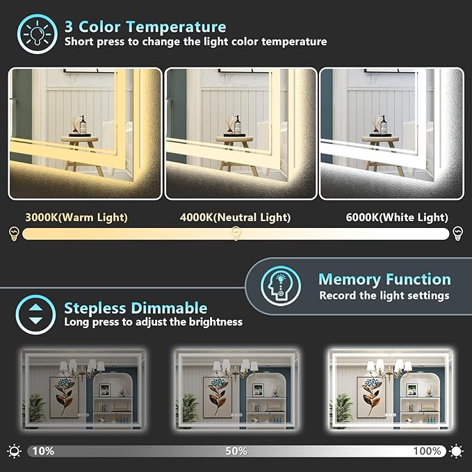 55x36 LED Bathroom Mirror with Lights, Backlit and Front Lit Anti-Fog Lighted Vanity Mirrors for Bathroom Wall, Dimmable, 3-Color Light, Memory, Shatter-Proof, HD Tempered Glass, CRI＞90