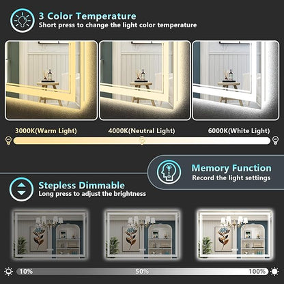 55x36 LED Bathroom Mirror with Lights, Backlit and Front Lit Anti-Fog Lighted Vanity Mirrors for Bathroom Wall, Dimmable, 3-Color Light, Memory, Shatter-Proof, HD Tempered Glass, CRI＞90