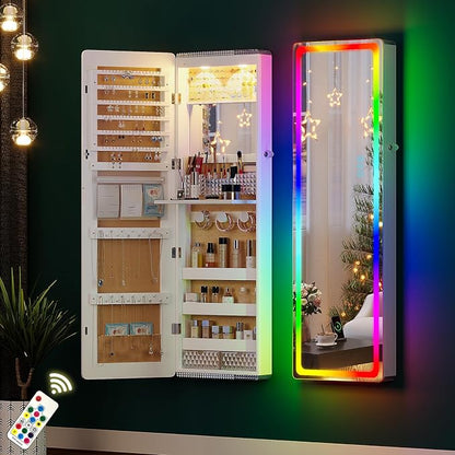HNEBC Full Length Mirror with Storage, Wall Mounted Jewelry Cabinet with RGB Lights & Remote, Lockable Over Door Jewelry Organizer with Drawer, Foldout Makeup Tray 47.2" Hx14.5 Wx3.9 D, White