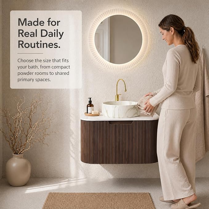 24 Inch Bathroom Vanity with Sink, Floating Wall Mounted Single Sink Vanity for Small Baths, Dark Walnut Curved Fluted Front, Stone Top, Marble-Look Round Vessel Basin, Pre-Assembled