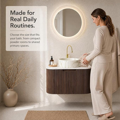 24 Inch Bathroom Vanity with Sink, Floating Wall Mounted Single Sink Vanity for Small Baths, Dark Walnut Curved Fluted Front, Stone Top, Marble-Look Round Vessel Basin, Pre-Assembled