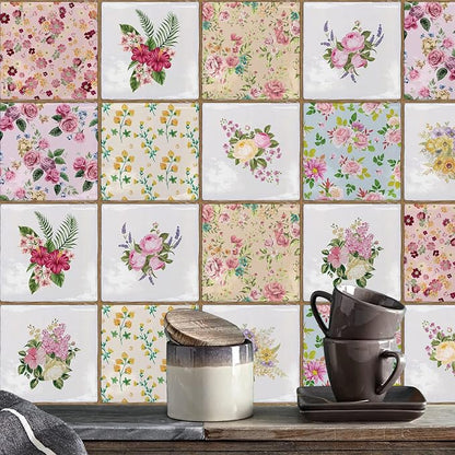 Alwayspon Vinyl Sticker Peel and Stick, Self-Adhesive Wall Tile Transfers Backsplash Sticker Decal for Kitchen Bathroom, 6x6inch/15x15cm 10Pcs, Floral Painting T038