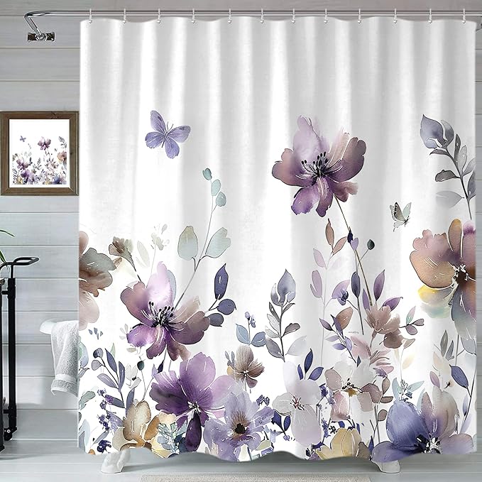 Sanzugh Purple Floral Shower Curtain, Cute Boho Watercolor Flower Wildflower Leaves Butterfly White Fabric Shower Curtains Set for Bathroom Decorative with Hooks 72 X 78 inch Spring Bath Decor