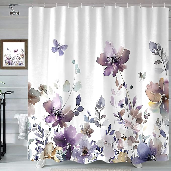 Sanzugh Purple Floral Shower Curtain, Cute Boho Watercolor Flower Wildflower Leaves Butterfly White Fabric Shower Curtains Set for Bathroom Decorative with Hooks 72 X 78 inch Spring Bath Decor