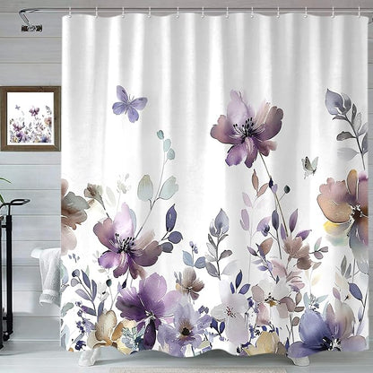 Sanzugh Purple Floral Shower Curtain, Cute Boho Watercolor Flower Wildflower Leaves Butterfly White Fabric Shower Curtains Set for Bathroom Decorative with Hooks 60 X 72 inch Spring Bath Decor